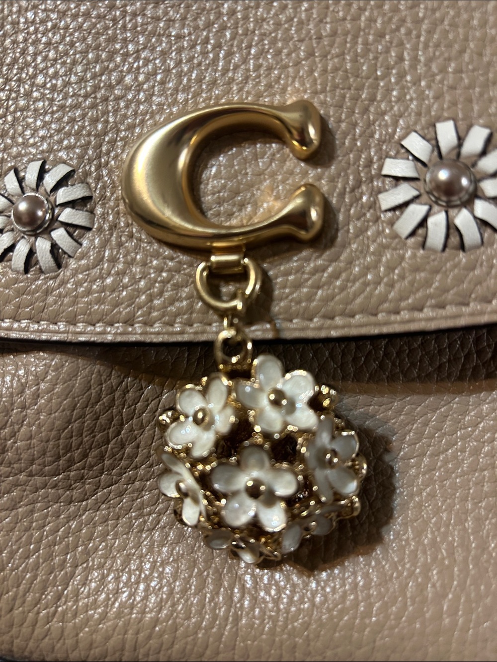 Coach Taupe Pebbled Leather Shoulder Bag with Floral Studs and Gold Charm - Picture 5 of 5